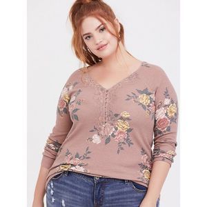 Torrid Taupe Floral Waffle Knit Lace Trim Henley Long Sleeve